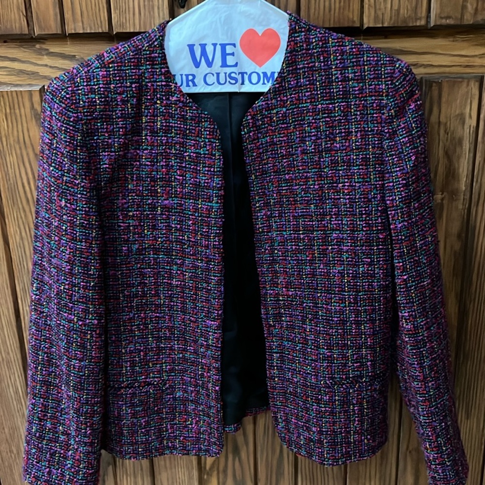 Orvis wool multicolor collarless open front crop jacket size 10 VINTAGE
